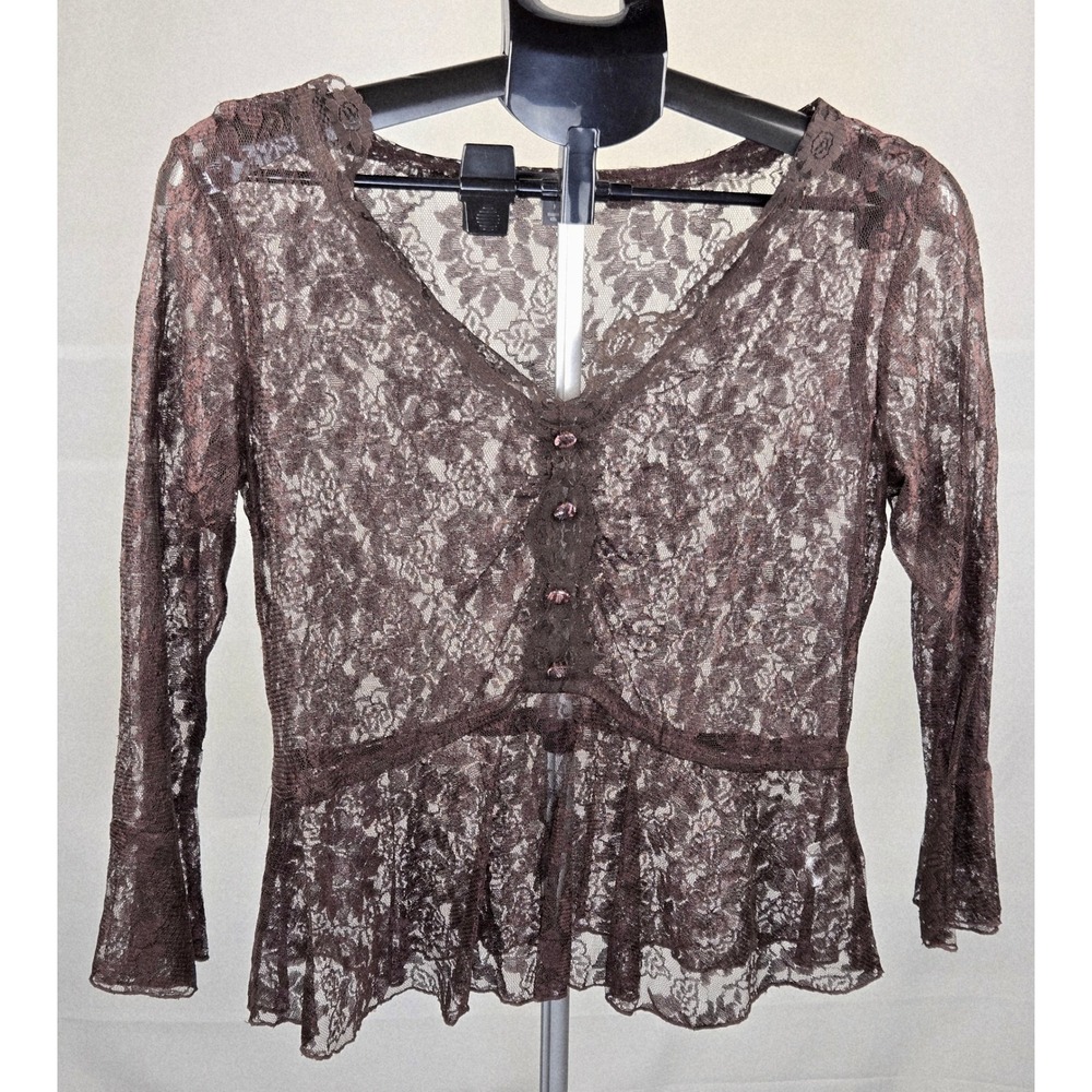 Y2K Whimsigoth Brown Sheer Lace Romantic Grunge Peplum Top, Medium
